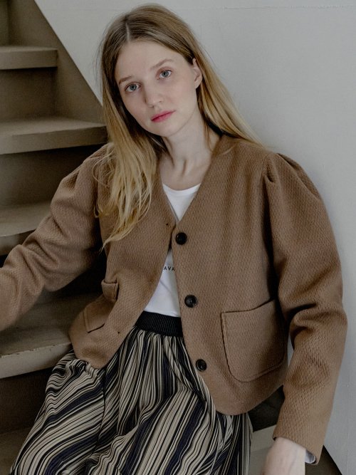 V-neck Puff Knit Jacket - CAMEL