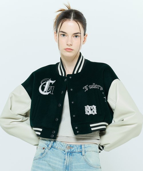 L6 CROP VARSITY JACKET(GREEN)
