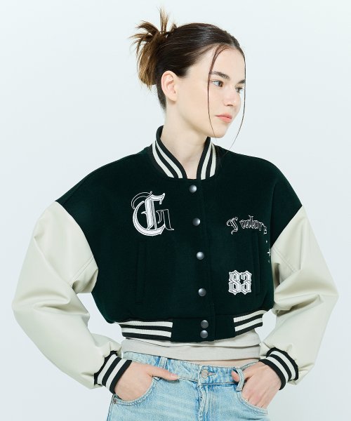 L6 CROP VARSITY JACKET(GREEN)