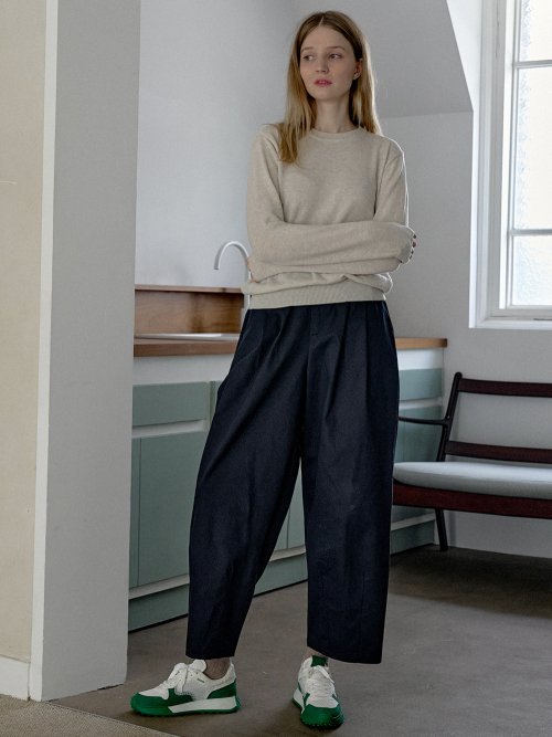 Cotton Banding Dart Baggy Pants - NAVY