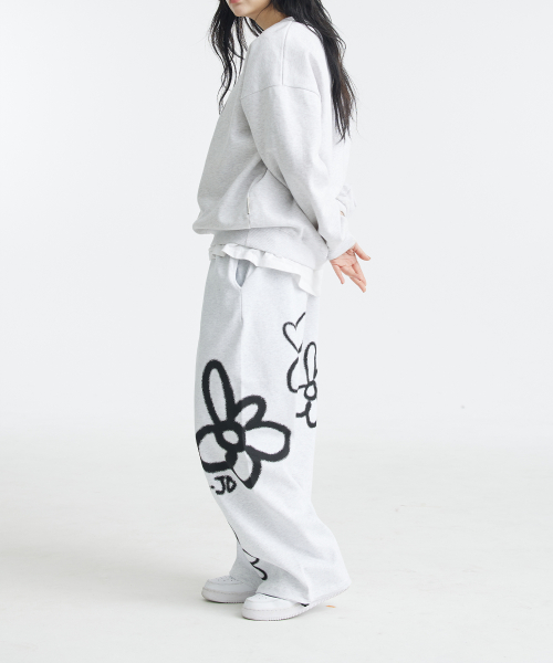 Широкие брюки на резинке Flower Spray (Light Grey)