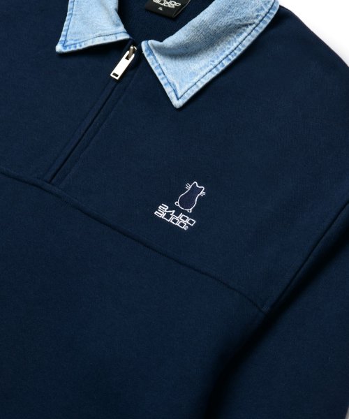 Denim Collars Cat Logo на молнии наполовину-Up свитшот [тёмно-синий]