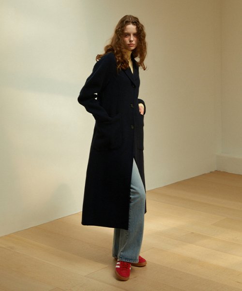 [handmade] Herringbone Round шерсть Longcoat (Navy)