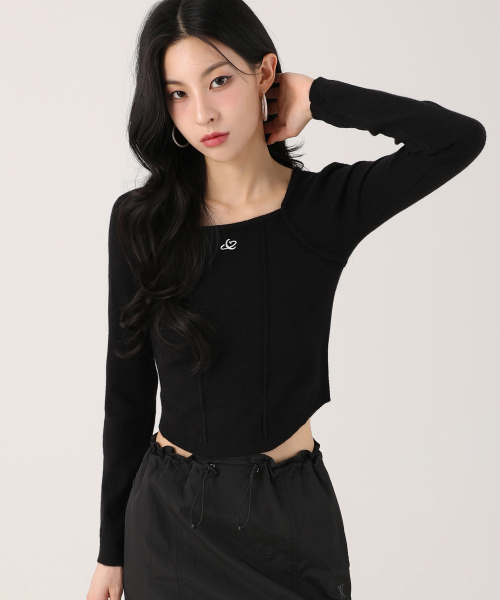 Square Neck Line Crop длинный рукав Knit розовый