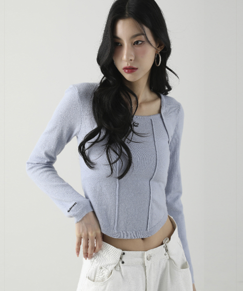 Square Neck Line Crop длинный рукав Knit розовый