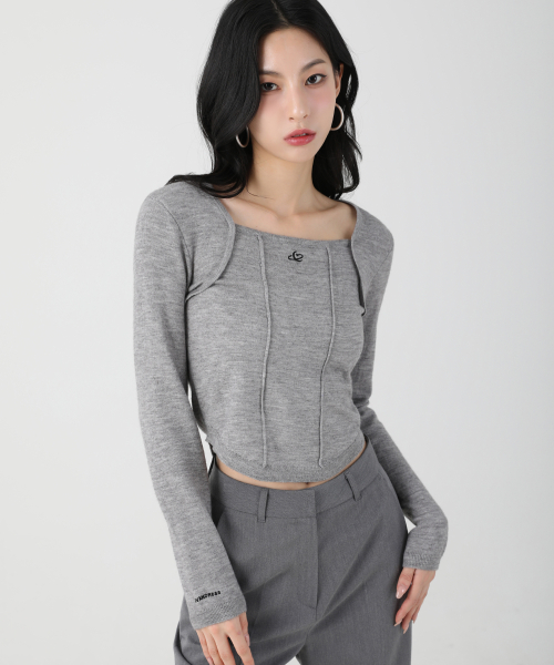 Square Neck Line Crop длинный рукав Knit розовый