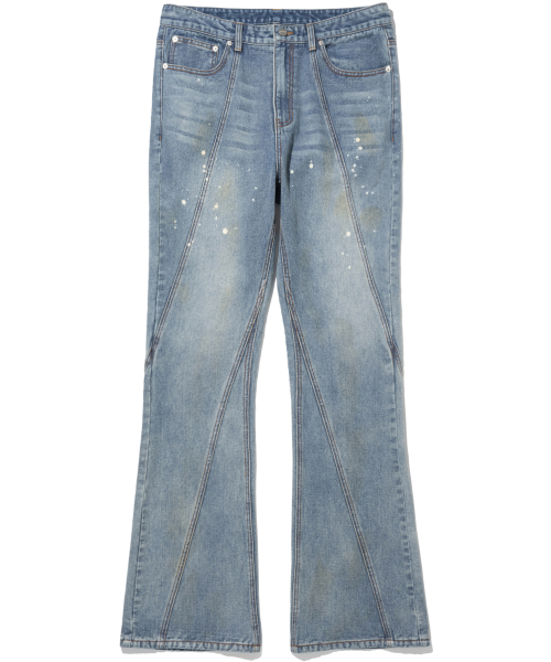 Curved Dirty Wash Bootscut Denim Pants - Deep Blue