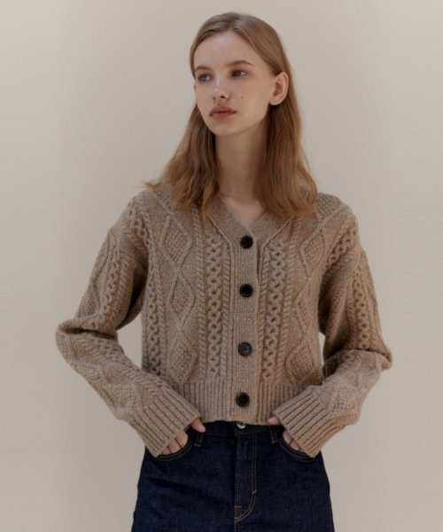 CABLE WOOL KNIT CARDIGAN - BEIGE