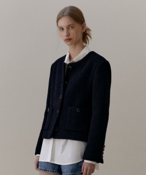 WOOL BOUCLE TWEED JACKET - NAVY