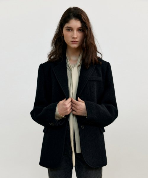 HERRINGBONE BOUCLE WOOL JACKET - BLACK