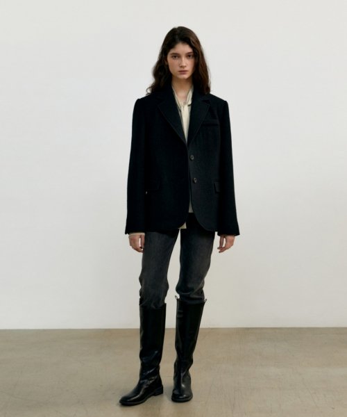 HERRINGBONE BOUCLE WOOL JACKET - BLACK