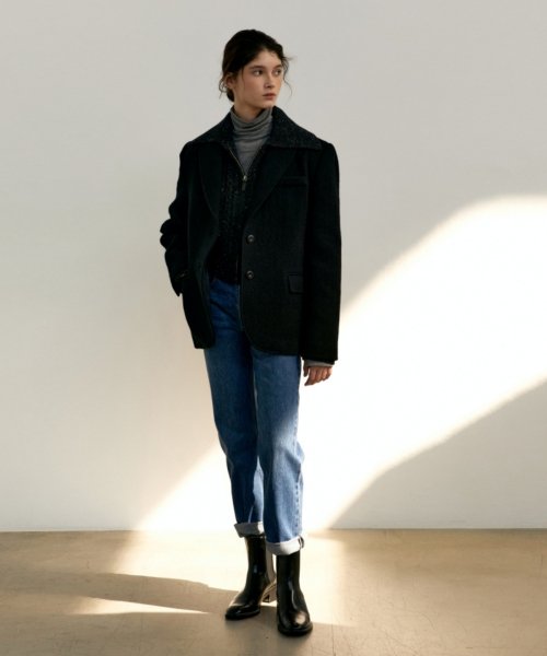 HERRINGBONE BOUCLE WOOL JACKET - BLACK