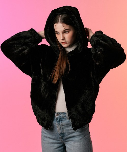 Оверсайз худи на молнии из эко-меха [Mink ver.] (Black)