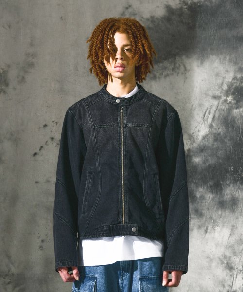 Curved Biker Denim Jacket_Black