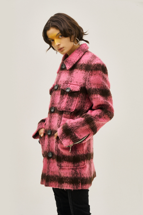 Button-Up Checked Wool Coat