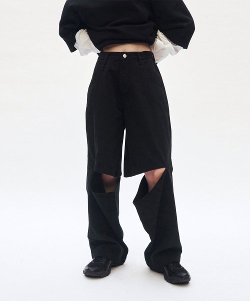 트리밍버드(TREEMINGBIRD) Knee Slit Wide Pants [ Black ] - 사이즈