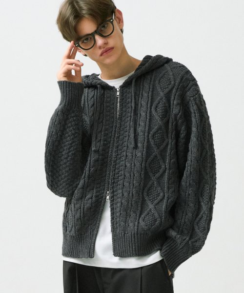 Washable Aran Cable Hooded Zip-Up Knit (CHARCOAL) thumbnail 2