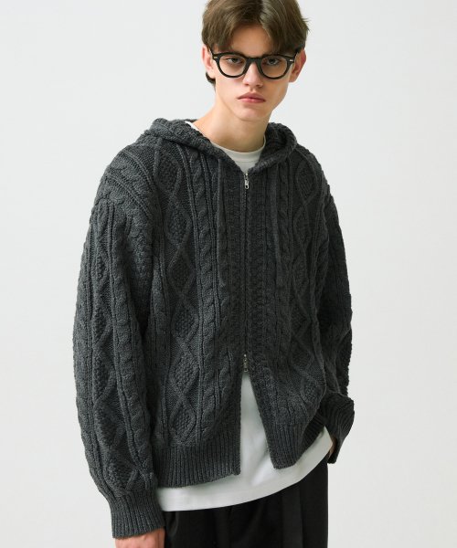 Washable Aran Cable Hooded Zip-Up Knit (CHARCOAL) thumbnail 3