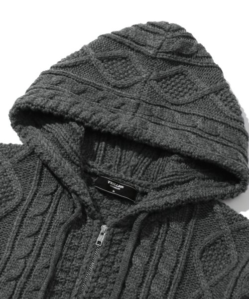 Washable Aran Cable Hooded Zip-Up Knit (CHARCOAL) thumbnail 5