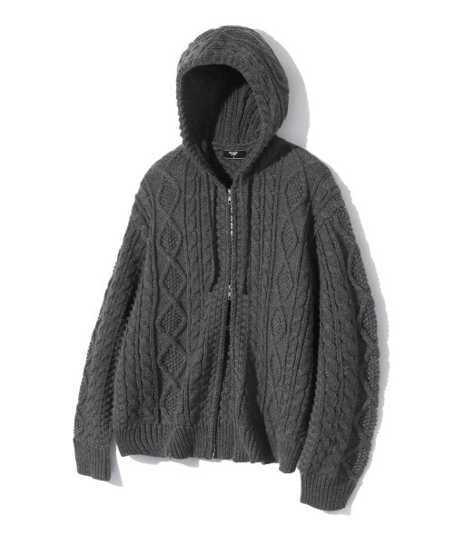 Washable Aran Cable Hooded Zip-Up Knit (CHARCOAL) thumbnail 11