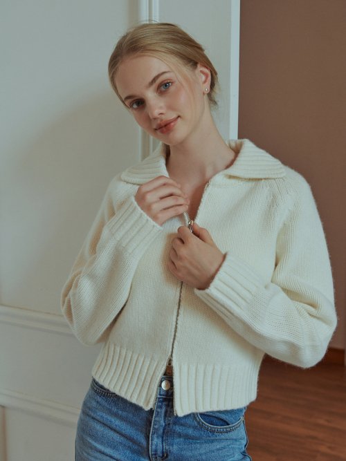 MUSINSA | RE L Buttering knit zip-up cardigan (ivory)