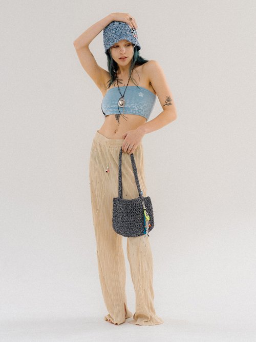 Dolphin Constellation Stud Pleats Pants-Yellow Beige