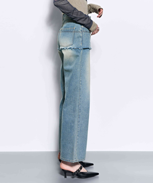 (Recycled) Distressed Denim Layered Wide Pants _ Blue