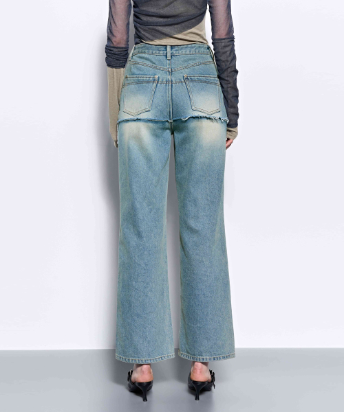 (Recycled) Distressed Denim Layered Wide Pants _ Blue