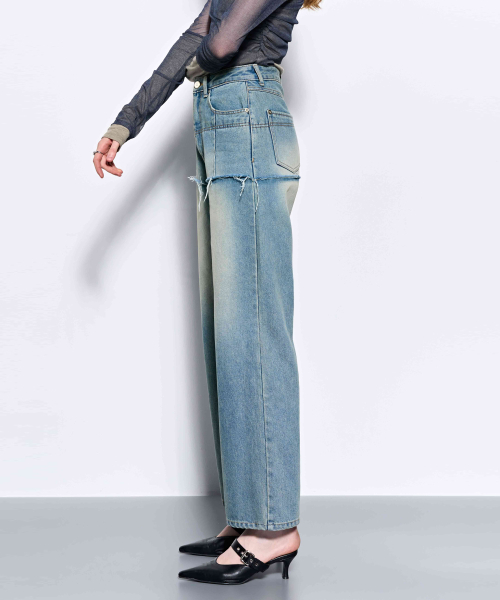 (Recycled) Distressed Denim Layered Wide Pants _ Blue