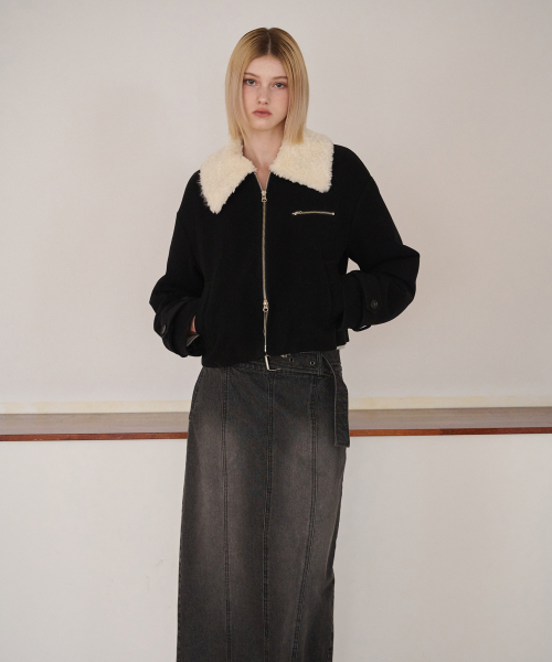 Fur Collar Wool Coat, Black