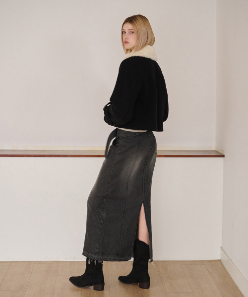 Fur Collar Wool Coat, Black