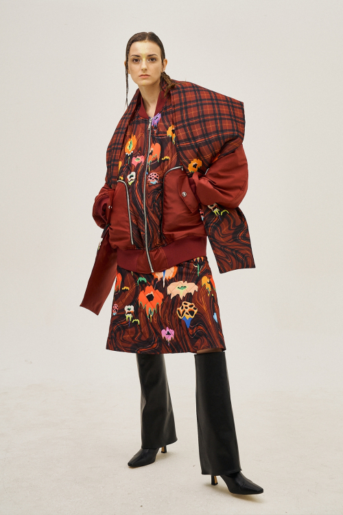 Red Melting-Check-And-Flower Double Bomber
