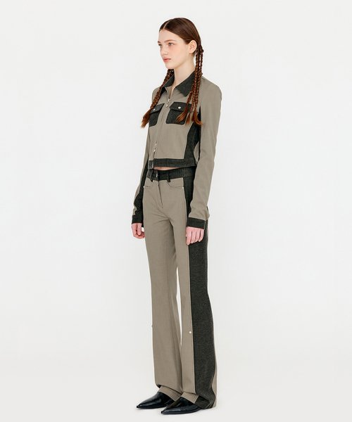 MUSINSA | YUSE COLOR BLOCK SLIM BOOTS CUT PANTS - KHAKI