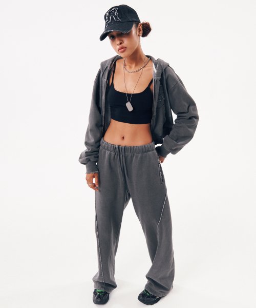 MUSINSA | RUNNING HIGH Fringe logo pigment sweat pants [Charcoal]