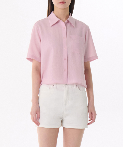WOMENS LINEN-LIKE SHORT-SLEEVE SHIRT [PINK]