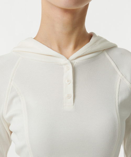 Womens Ribbed Slim Hooded Long Sleeve T-Shirt [Ivory] thumbnail 5