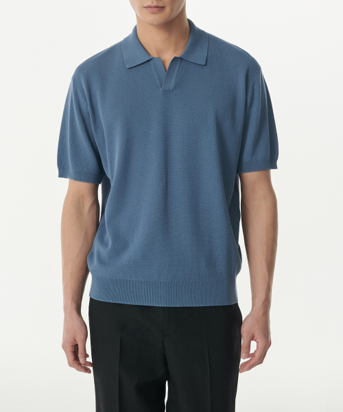 Cool Touch Slit Neck Knitted Polo Shirt [Blue Gray] thumbnail 2