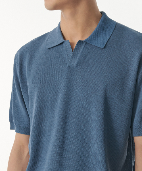 Cool Touch Slit Neck Knitted Polo Shirt [Blue Gray] thumbnail 4