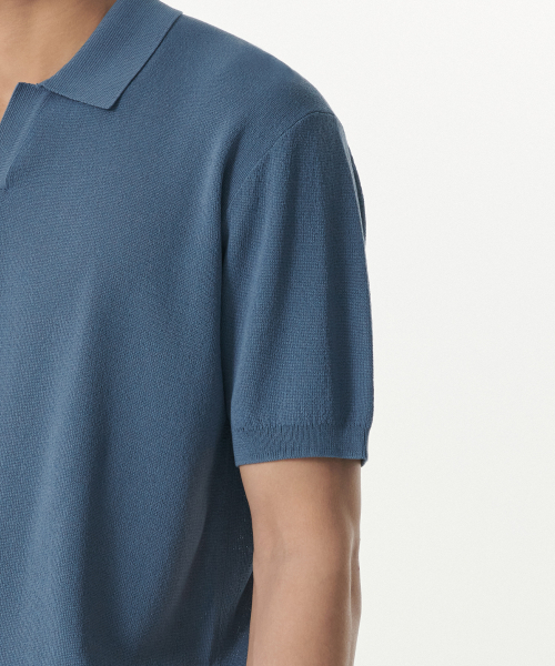 Cool Touch Slit Neck Knitted Polo Shirt [Blue Gray] thumbnail 5