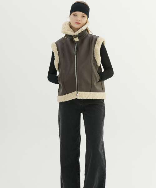 FAUX SHEARING TRIMMING VEST_BROWN BEIGE