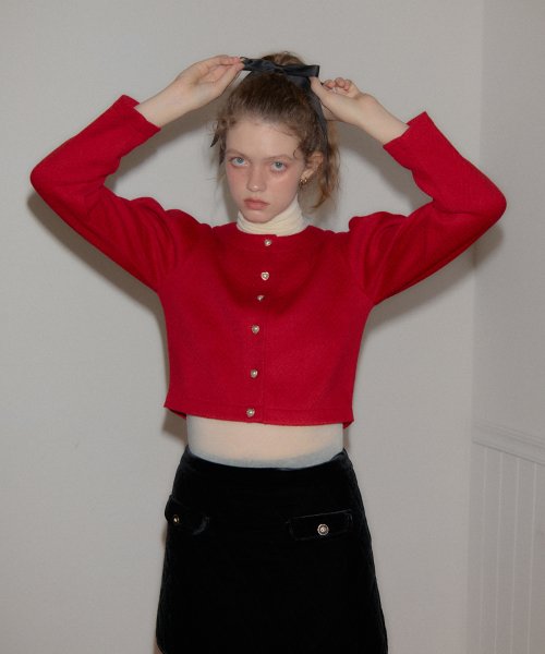 Heart Button Puff Shoulder Cardigan_ Red