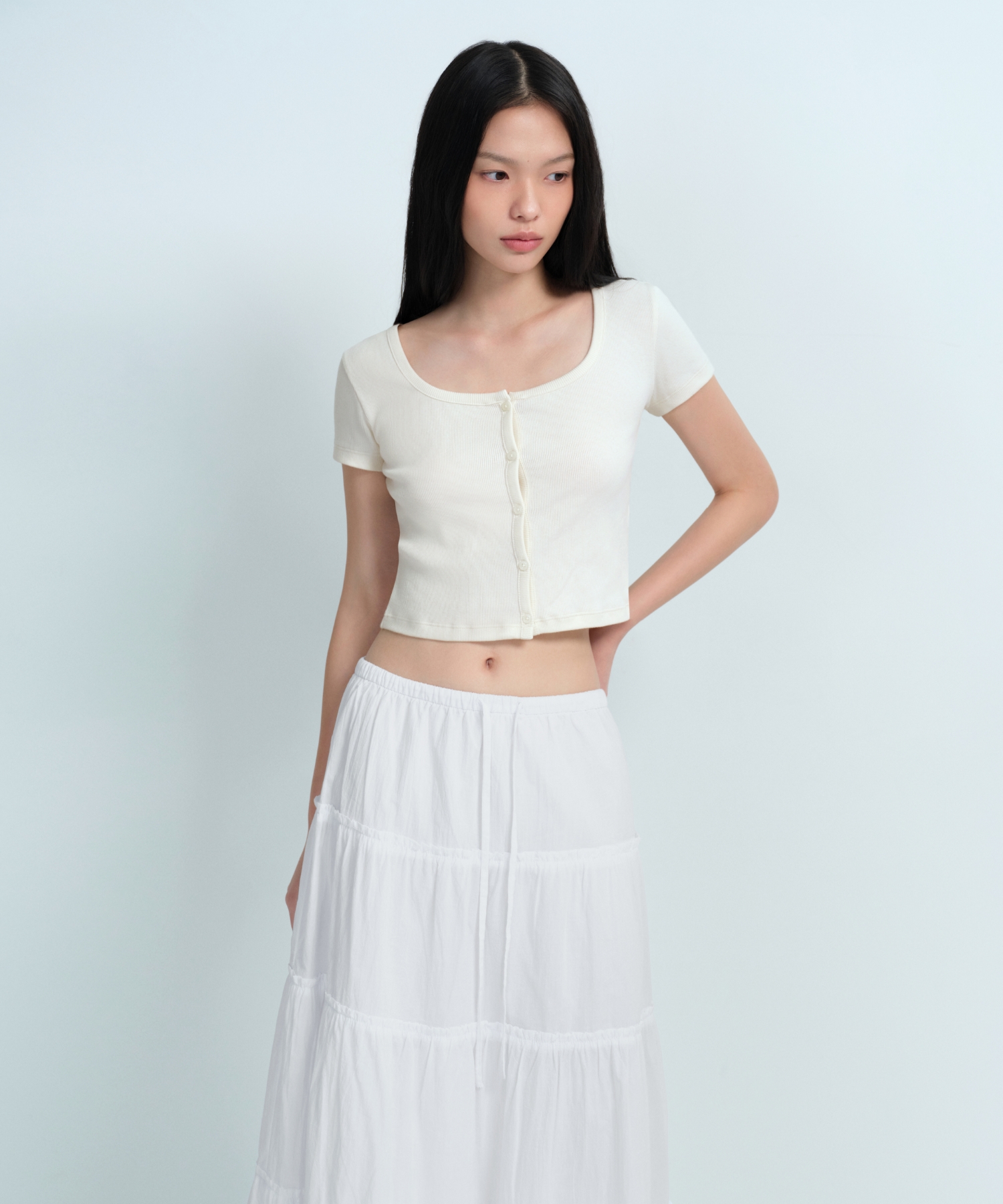 WOMENS SLIM CROP SQUARE NECK BUTTON T-рубашка [CREAM]
