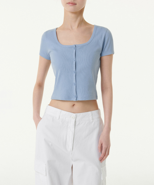 WOMENS SLIM CROP SQUARE NECK BUTTON T-рубашка [CLOUDY BLUE]
