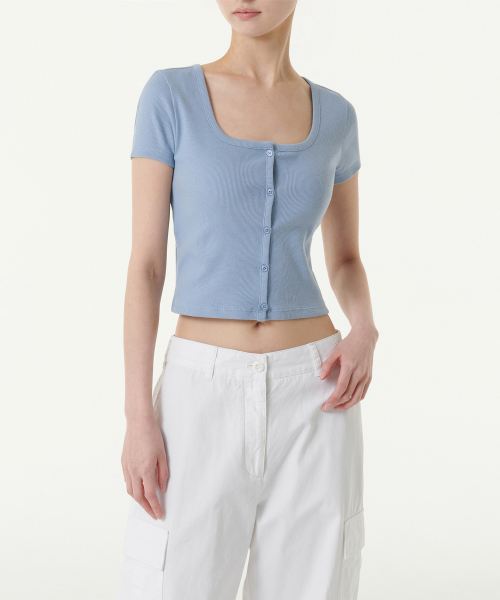 WOMENS SLIM CROP SQUARE NECK BUTTON T-рубашка [CLOUDY BLUE]
