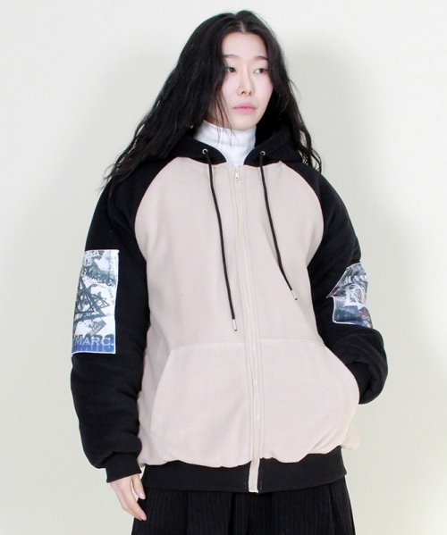 Флисовый пуховик с графическим принтом и капюшоном ver.2 Beige & Black