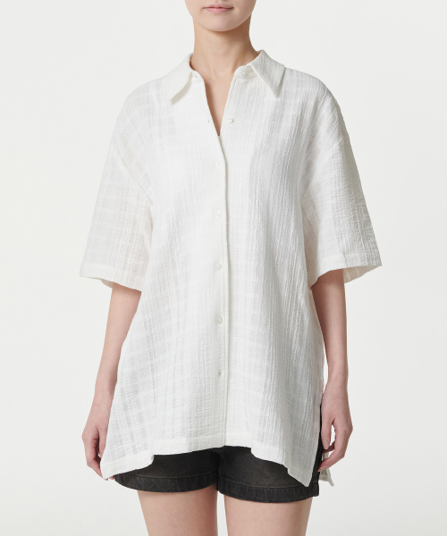 WOMENS OVERSIZE PLAID LACE HALF SLEEVE рубашка [IVORY]