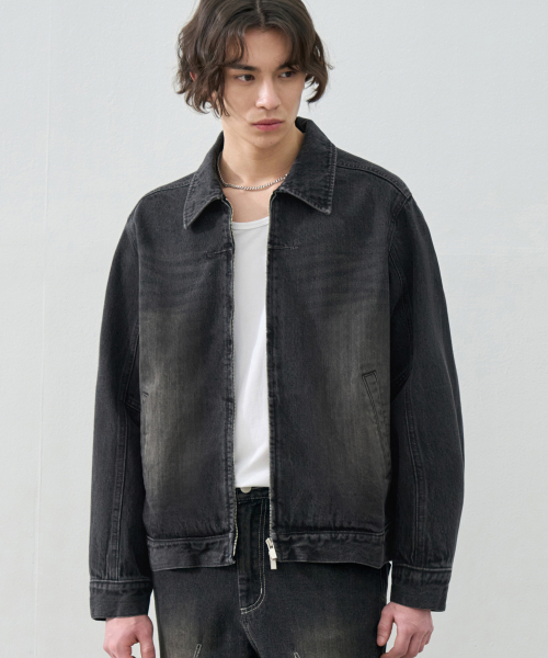 CONTRAST WASHED DENIM JACKET [BLACK]