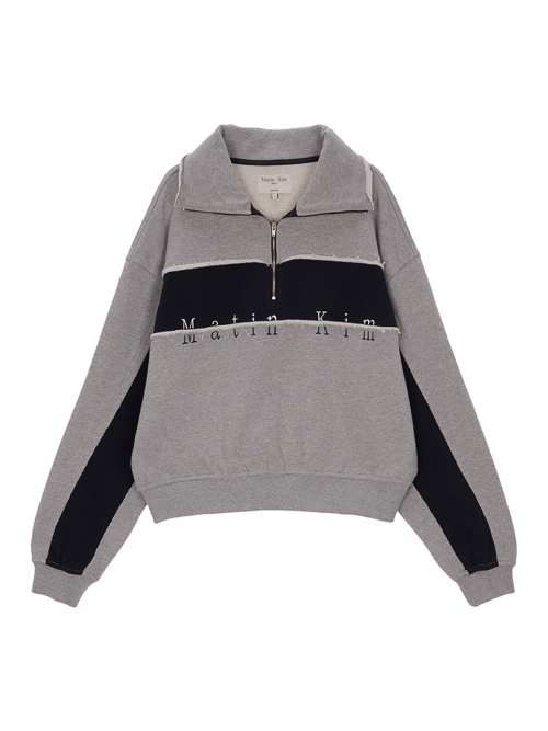 MUSINSA | MATIN KIM CUTTED LOGO HALF ZIP SWEATSHIRT IN GRAY