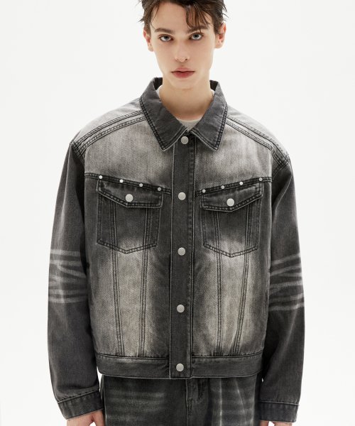 MUSINSA TRILLION Western Washed Rivet Denim Jacket LIGHT GRAY