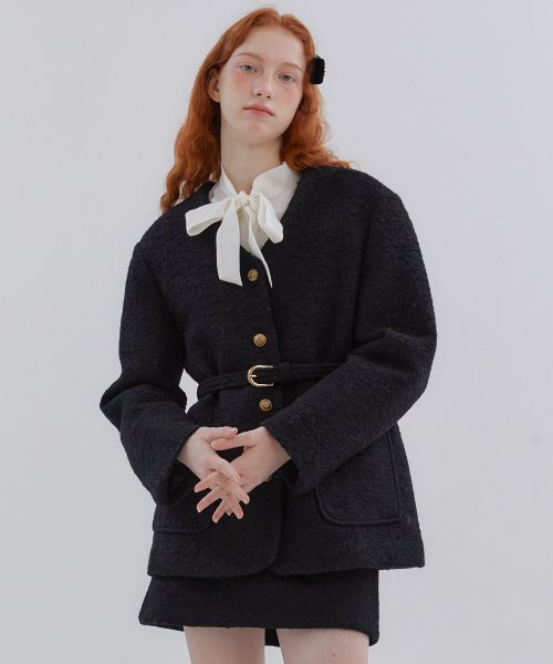 ANC COLLARLESS BELT TWEED JACKET_BLACK